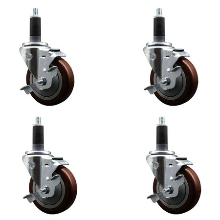 Service Caster 4'' Maroon Poly Swivel 1-1/8'' Expanding Stem Caster Set with Brake, 4PK SCC-EX20S414-PPUB-MRN-TLB-118-4